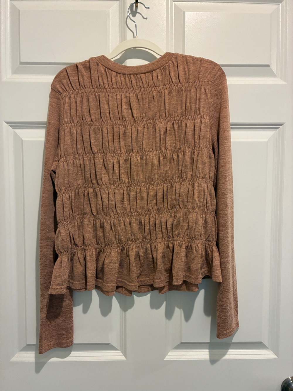 Smocked Peplum Long-Sleeve Top in Dusty Brown